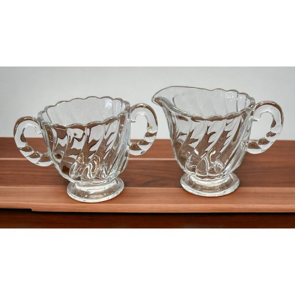 Fostoria Glass Colony Optic Swirl Cream and Sugar Serving Set Vintage Clear - Picture 1 of 10
